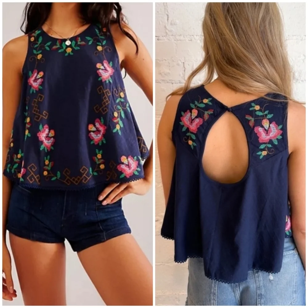 Free People Fun And Flirty Embroidered Top/Cobalt Blue Combo